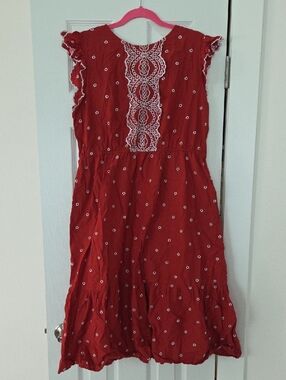 bohme Red Eyelet Midi Dress with White Lace Detail